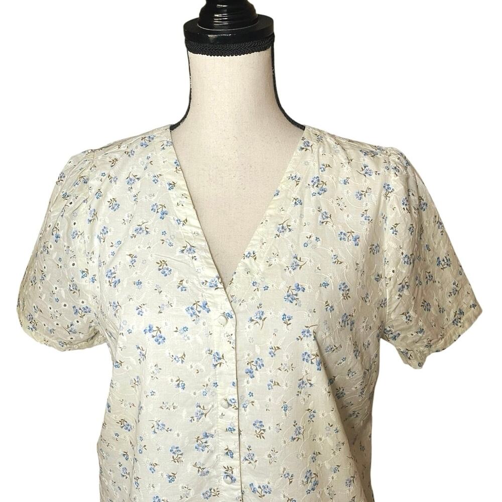 1.State Floral Eyelet Lace Button Up Puff Sleeve Cottagecore Feminine Top Large - Picture 3 of 10
